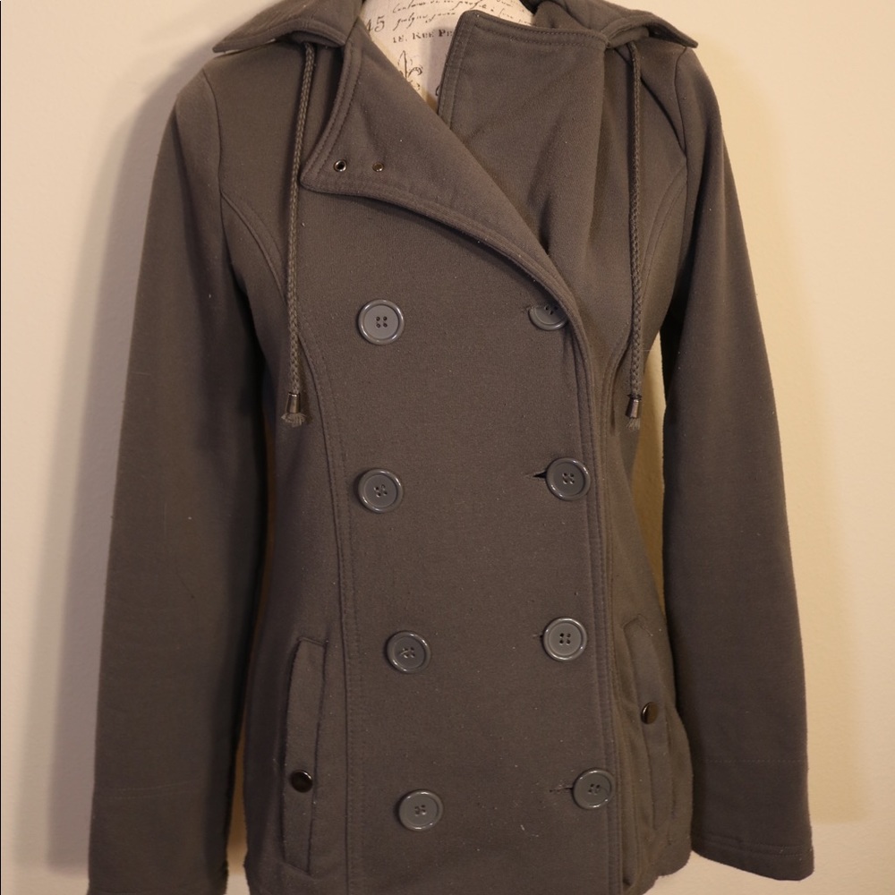 Gray button up pea coat jacket hoodie large